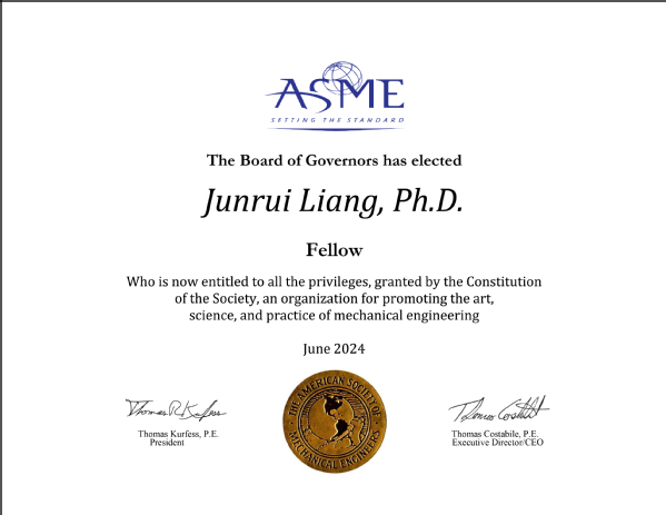 Liang Junrui elected as a Fellow of American Society of Mechanical Engineers